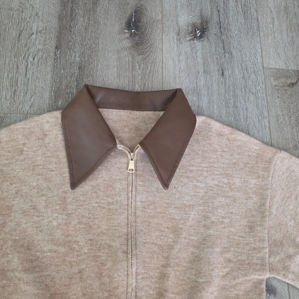 Commense Contrast Trim Cropped Cardigan Sz M Full Zip Faux Leather Collar NWT - Picture 2 of 4
